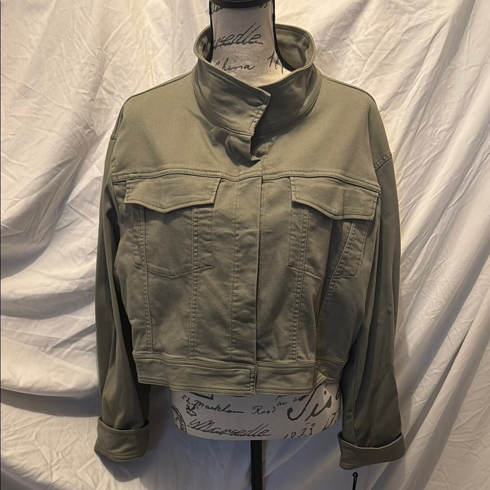 Dkny Green Utility Jacket with Stand-Up Collar and Cotton Blend